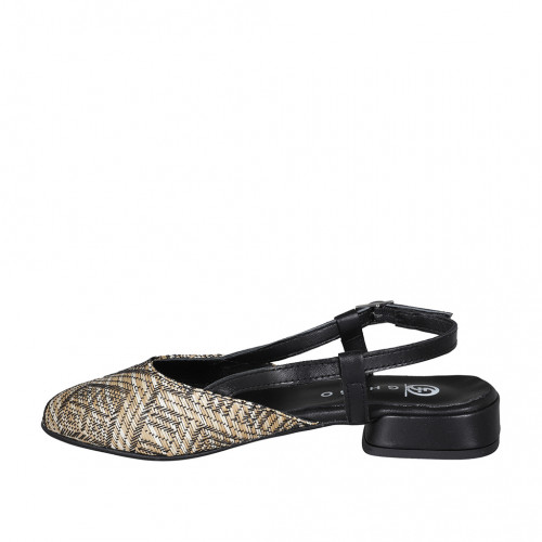 Slingback für Damen aus beiger geflochtener Raphia mit geometrischem Muster und schwarzem Leder Absatz 2