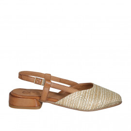 Woman's slingback in braided raffia with beige, white and golden geometrical pattern and cognac brown leather heel 2 - Available sizes:  32, 33, 35, 42, 43