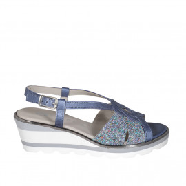 Woman's sandal in blue grey pearly and multicolored printed leather wedge heel 5 - Available sizes:  32, 33, 34, 35, 42, 44, 45, 46