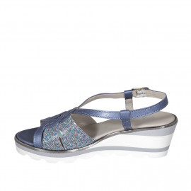 Sandale pour femmes en cuir narcée bleu gris et imprimé multicouleur talon compensé 5 - Pointures disponibles:  45 2
