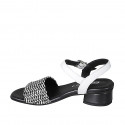 Woman's sandal in white leather and black and white raphia with ankle strap heel 3 - Available sizes:  32, 33, 34, 35, 42, 43, 44, 45