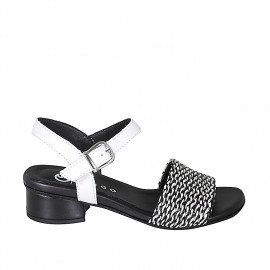 Woman's sandal in white leather and black and white raphia with ankle strap heel 3 - Available sizes:  32, 33, 34, 35, 42, 43, 44, 45