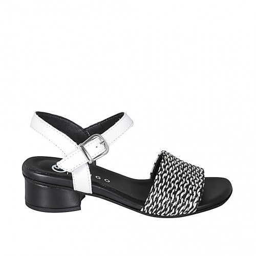 Woman's sandal in white leather and black and white raphia with ankle strap heel 3 - Available sizes:  32, 33, 34, 35, 42, 43, 44, 45