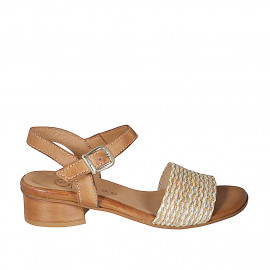 Woman's sandal in cognac brown leather and beige raphia with ankle strap heel 3 - Available sizes:  32, 33, 34, 35, 42, 43, 44