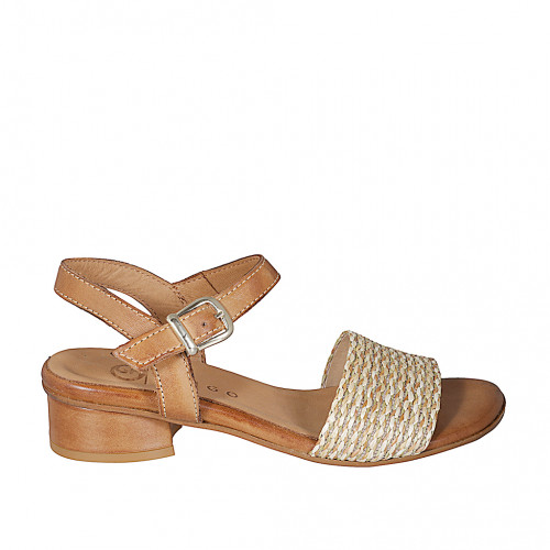 Woman's sandal in cognac brown leather and beige raphia with ankle strap heel 3 - Available sizes:  32, 33, 34, 35, 42, 43, 44