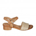 Woman's sandal in cognac brown leather and beige raphia with ankle strap heel 3 - Available sizes:  32, 33, 34, 35, 42, 43, 44
