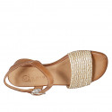 Woman's sandal in cognac brown leather and beige raphia with ankle strap heel 3 - Available sizes:  32, 33, 34, 35, 42, 43, 44