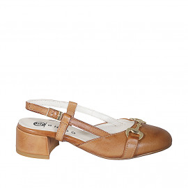Woman's slingback with rounded tip and accessory in cognac brown leather heel 4 - Available sizes:  32, 33, 34, 35, 42, 43, 44