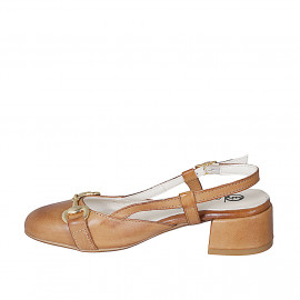 Woman's slingback with rounded tip and accessory in cognac brown leather heel 4 - Available sizes:  32 2