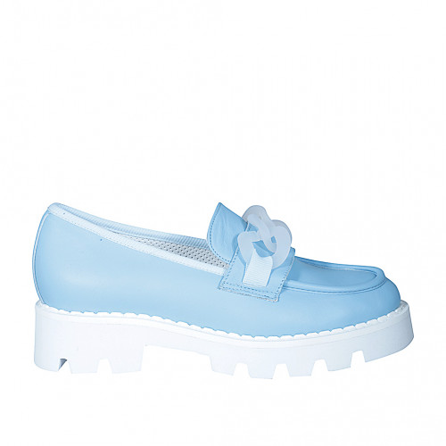 Mocassin pour femmes avec chaîne translucide en cuir bleu clair talon 4 - Pointures disponibles:  32, 33, 34, 35