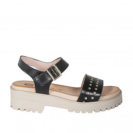Sandale pour femmes avec courroie et goujons en cuir noir talon 4 - Pointures disponibles:  32, 33, 34, 35, 42, 43, 44, 45