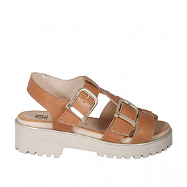 Sandale pour femmes avec boucles réglables en cuir cognac talon 4 - Pointures disponibles:  32, 34, 35, 42, 43, 44, 45, 46