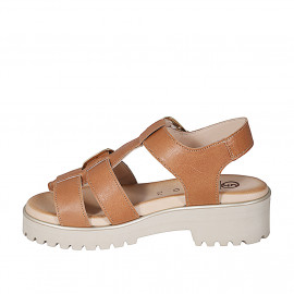 Woman's sandal with adjustable buckles in cognac brown leather heel 4 - Available sizes:  35 2