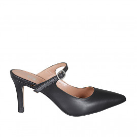 Mule modèle Mary Jane à bout fermé pour femmes en cuir noir avec courroie talon 7 - Pointures disponibles:  31, 32, 33, 34, 35, 42, 43, 45
