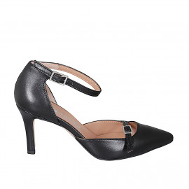 Woman's pointy open shoe with straps in black leather heel 7 - Available sizes:  31, 32, 35, 42, 43, 44