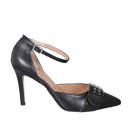 Woman's pointy open shoe with strap and buckle in black leather heel 10 - Available sizes:  42, 43, 44, 45