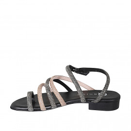 Sandalo infradito da donna in pelle nera con strass rame e argento e cinturino tacco 2 - Misure disponibili: 32 2