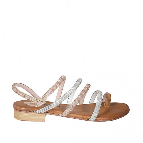 Sandalo infradito da donna in pelle cuoio e rame con strass rame e argento e cinturino tacco 2 - Misure disponibili: 32, 33, 34, 35, 42, 43, 44, 45