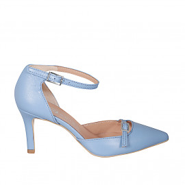 Woman's pointy open shoe with straps in light blue leather heel 7 - Available sizes:  31, 33, 34, 35, 42, 43, 44, 45