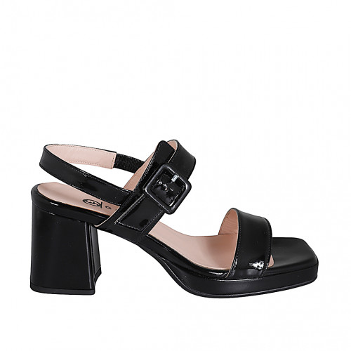 Sandalia para mujer con plataforma, hebilla y elastico en charol negro tacon 7 - Tallas disponibles:  35, 43, 44