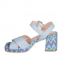 Woman's sandal with strap and platform in light blue leather and multicolored fabric heel 7 - Available sizes:  32, 34, 35, 43, 44, 45