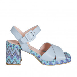 Woman's sandal with strap and platform in light blue leather and multicolored fabric heel 7 - Available sizes:  32, 33, 34, 35, 43, 44, 45