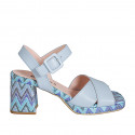 Woman's sandal with strap and platform in light blue leather and multicolored fabric heel 7 - Available sizes:  32, 34, 35, 43, 44, 45