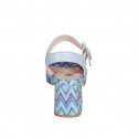 Woman's sandal with strap and platform in light blue leather and multicolored fabric heel 7 - Available sizes:  32, 34, 35, 43, 44, 45