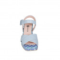 Woman's sandal with strap and platform in light blue leather and multicolored fabric heel 7 - Available sizes:  32, 34, 35, 43, 44, 45