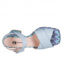 Woman's sandal with strap and platform in light blue leather and multicolored fabric heel 7 - Available sizes:  32, 34, 35, 43, 44, 45