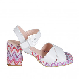 Woman's sandal with strap and platform in white leather and multicolored fabric heel 7 - Available sizes:  32, 33, 34, 35, 42, 43, 44, 45