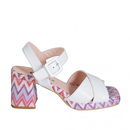 Woman's sandal with strap and platform in white leather and multicolored fabric heel 7 - Available sizes:  32, 33, 34, 35, 42, 43, 44, 45
