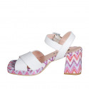 Woman's sandal with strap and platform in white leather and multicolored fabric heel 7 - Available sizes:  32, 33, 34, 35, 42, 43, 44, 45