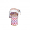 Woman's sandal with strap and platform in white leather and multicolored fabric heel 7 - Available sizes:  32, 33, 34, 35, 42, 43, 44, 45