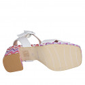 Woman's sandal with strap and platform in white leather and multicolored fabric heel 7 - Available sizes:  32, 33, 34, 35, 42, 43, 44, 45