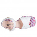 Woman's sandal with strap and platform in white leather and multicolored fabric heel 7 - Available sizes:  32, 33, 34, 35, 42, 43, 44, 45
