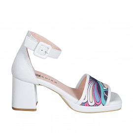 Woman's open shoe with strap and platform in white leather and multicolored fabric with glitter heel 7 - Available sizes:  33, 34, 42, 43, 44, 45