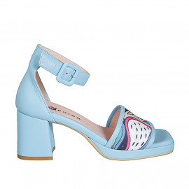 Woman's open shoe with strap and platform in light blue leather and multicolored fabric with glitter heel 7 - Available sizes:  32, 33, 34, 42, 43, 44, 45