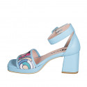 Woman's open shoe with strap and platform in light blue leather and multicolored fabric with glitter heel 7 - Available sizes:  32, 33, 34, 42, 43, 44, 45