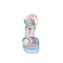 Woman's open shoe with strap and platform in light blue leather and multicolored fabric with glitter heel 7 - Available sizes:  32, 33, 34, 42, 43, 44, 45