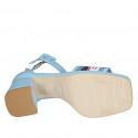 Woman's open shoe with strap and platform in light blue leather and multicolored fabric with glitter heel 7 - Available sizes:  32, 33, 34, 42, 43, 44, 45