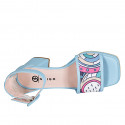 Woman's open shoe with strap and platform in light blue leather and multicolored fabric with glitter heel 7 - Available sizes:  32, 33, 34, 42, 43, 44, 45