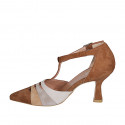 Woman's pointy open T-strap shoe in cognac, taupe and grey suede heel 7 - Available sizes:  33, 34, 35, 42, 43, 45