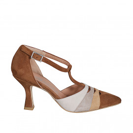 Woman's pointy open T-strap shoe in cognac, taupe and grey suede heel 7 - Available sizes:  31, 32, 33, 34, 35, 42, 43, 44, 45