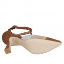 Woman's pointy open T-strap shoe in cognac, taupe and grey suede heel 7 - Available sizes:  33, 34, 35, 42, 43, 45