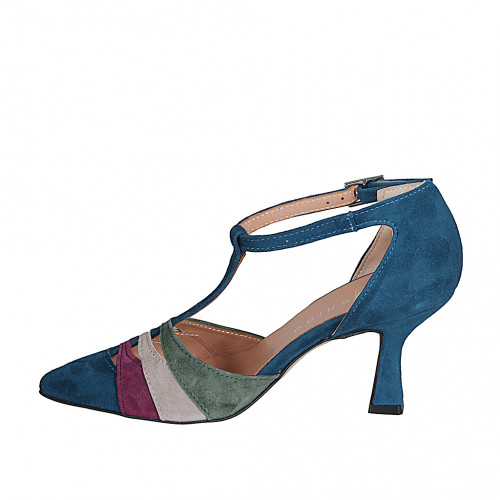 Offener spitzer Damenschuh aus blauem, violettem, grünem und grauem Wildleder mit T-Steg Absatz 7