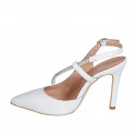 Slingback à bout pour femmes avec courroie et strass en cuir blanc talon 9 - Pointures disponibles:  35