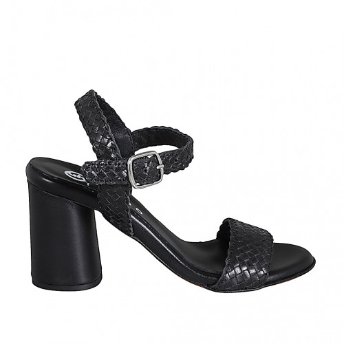 Woman's strap sandal in black braided leather heel 7 - Available sizes:  32, 33, 34, 35, 42, 43, 44