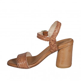 Woman's strap sandal in cognac braided leather heel 7 - Available sizes:  32, 43 2