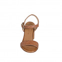 Sandale avec courroie pour femmes en cuir tressé cognac talon 7 - Pointures disponibles:  32, 33, 34, 35, 42, 43